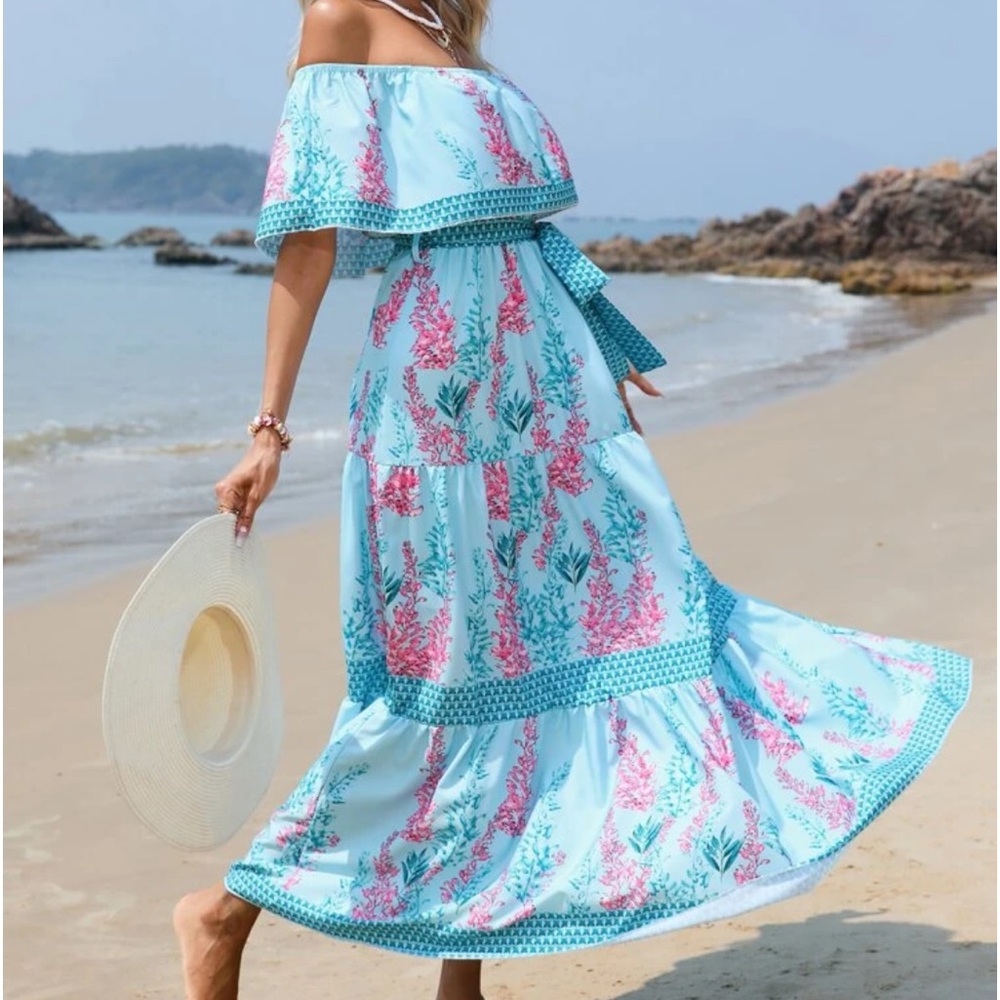 Bohemian Floral Print Off Shoulder Ruffle Maxi Dress Blue - Picture 3 of 7